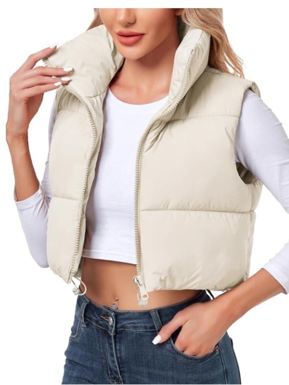 Polu Women's Cropped Puffer Vest Jacket Sleeveless light khaki. Size medium.